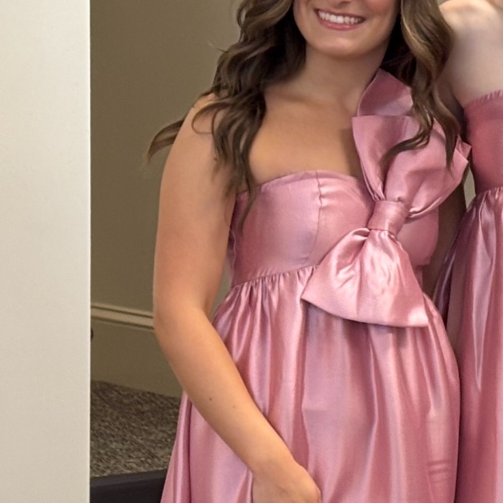 PETAL & PUP Betina Dusty Rose Pink Satin One Shoulder Bow Maxi Dress - Picture 5 of 16